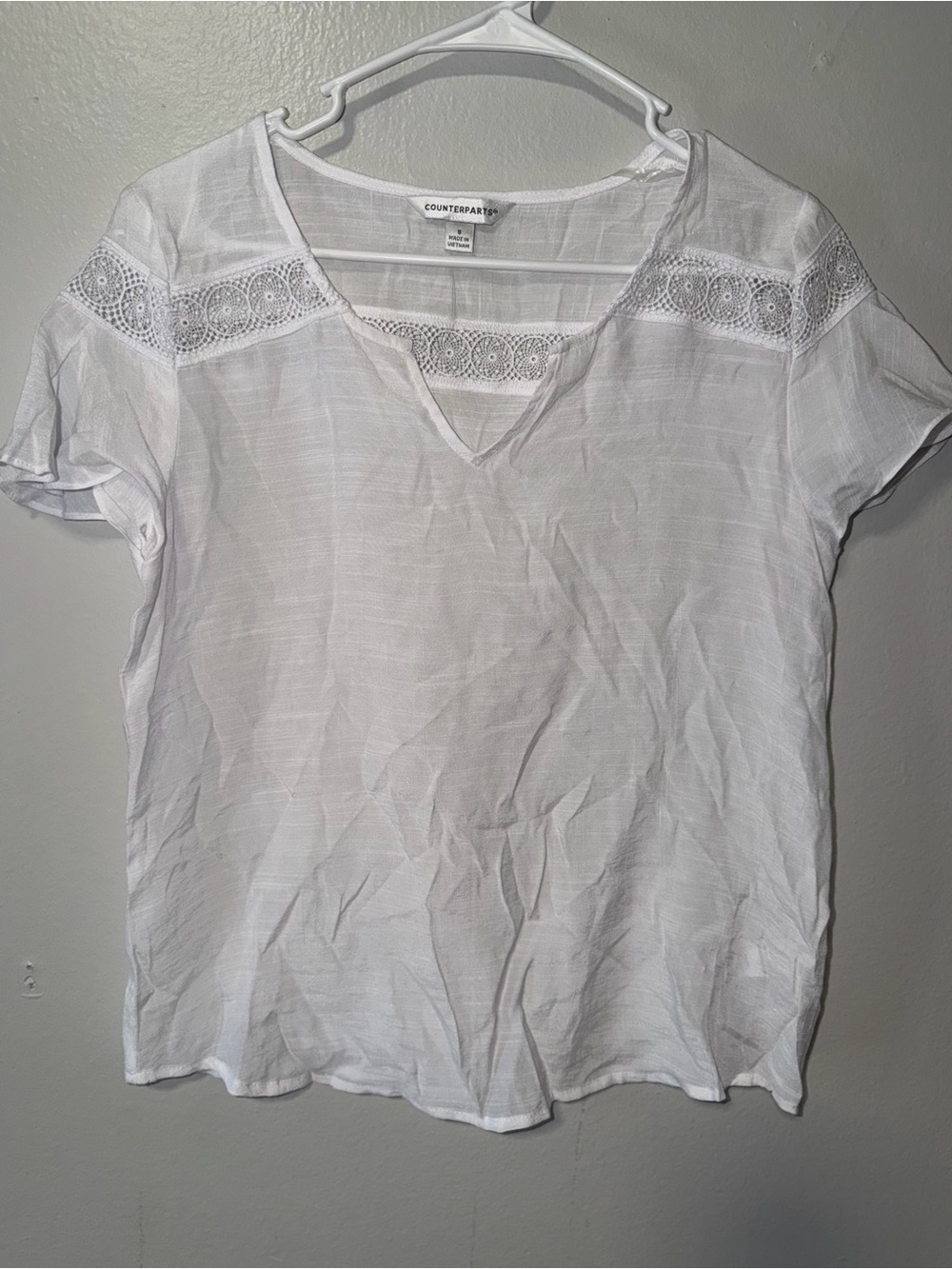 Counterparts White Lace-Yoke V-Neck Women's Top